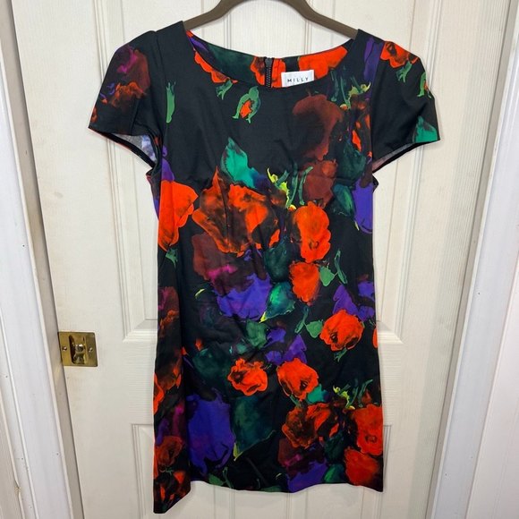 Milly Floral Abstract Colorful Black Mini Dress Size 4 - Picture 1 of 12